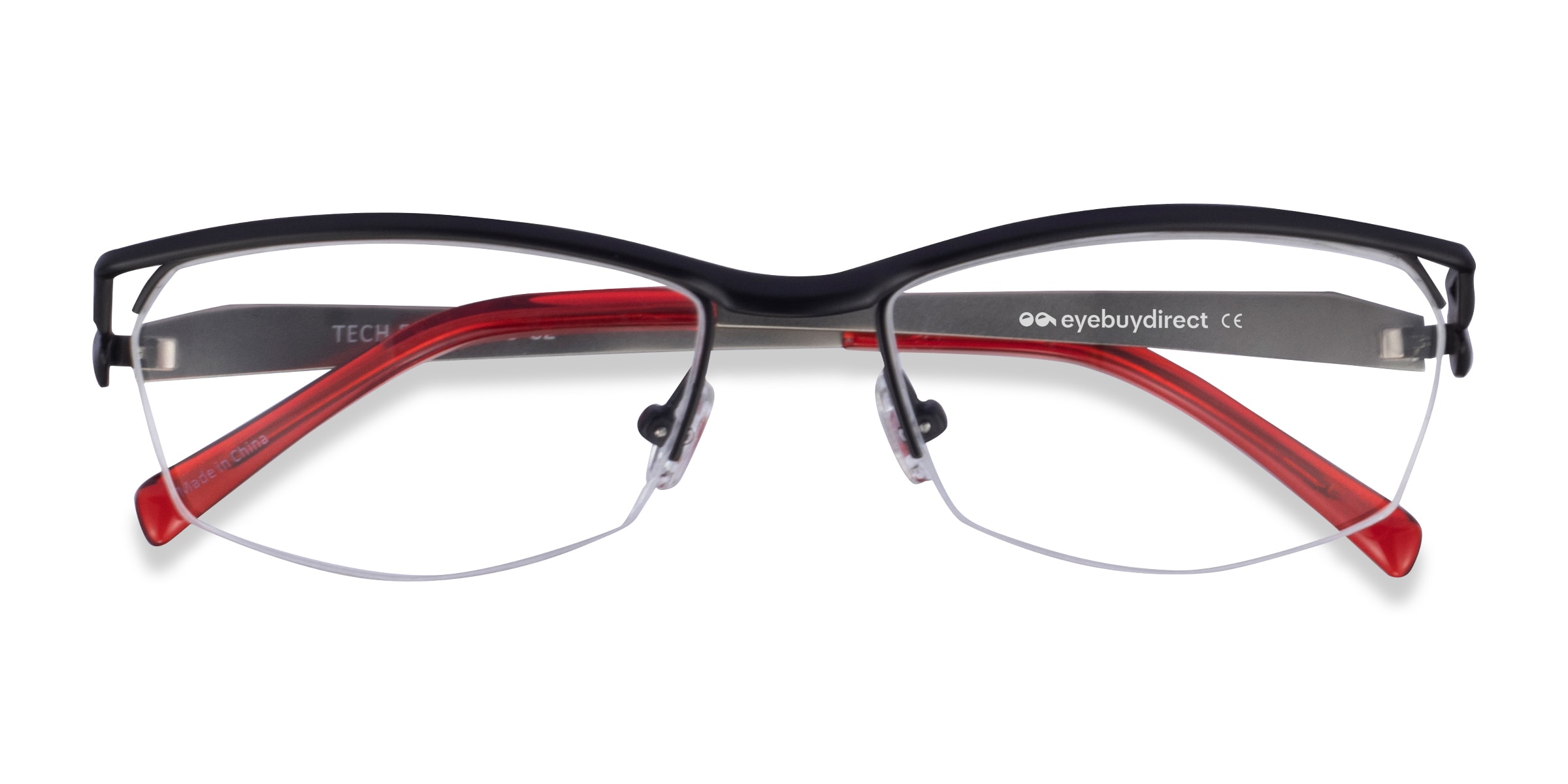 Tech Rectangle Black Red Semi Rimless Eyeglasses