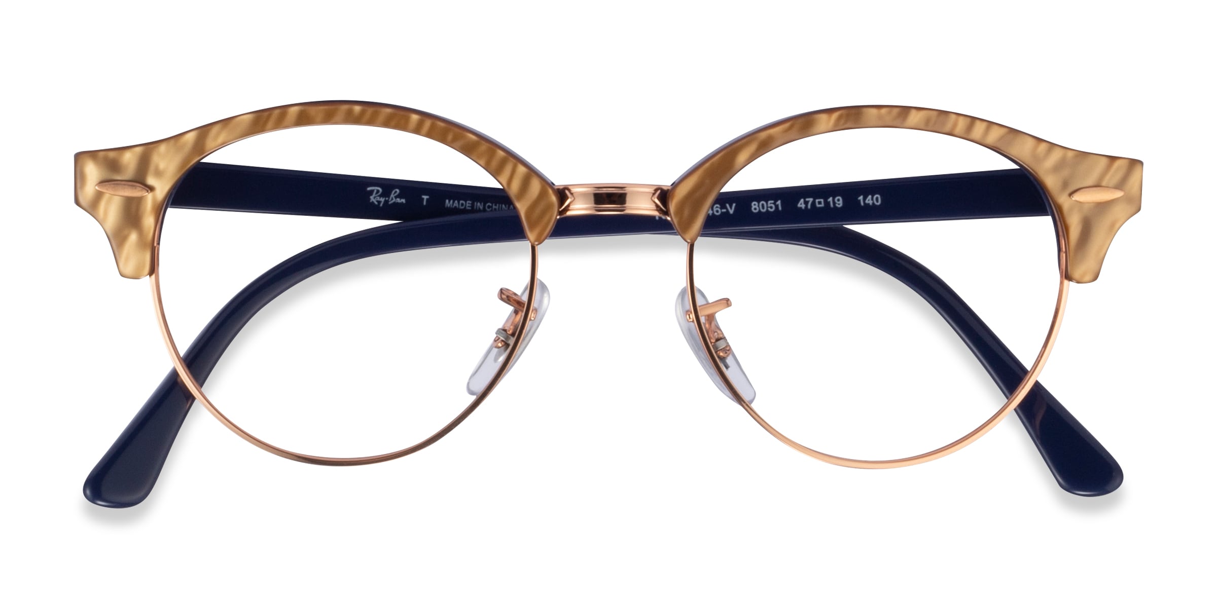 Ray-Ban RB4246V Clubround - Browline Wrinkled Beige On Blue Frame Eyeglasses
